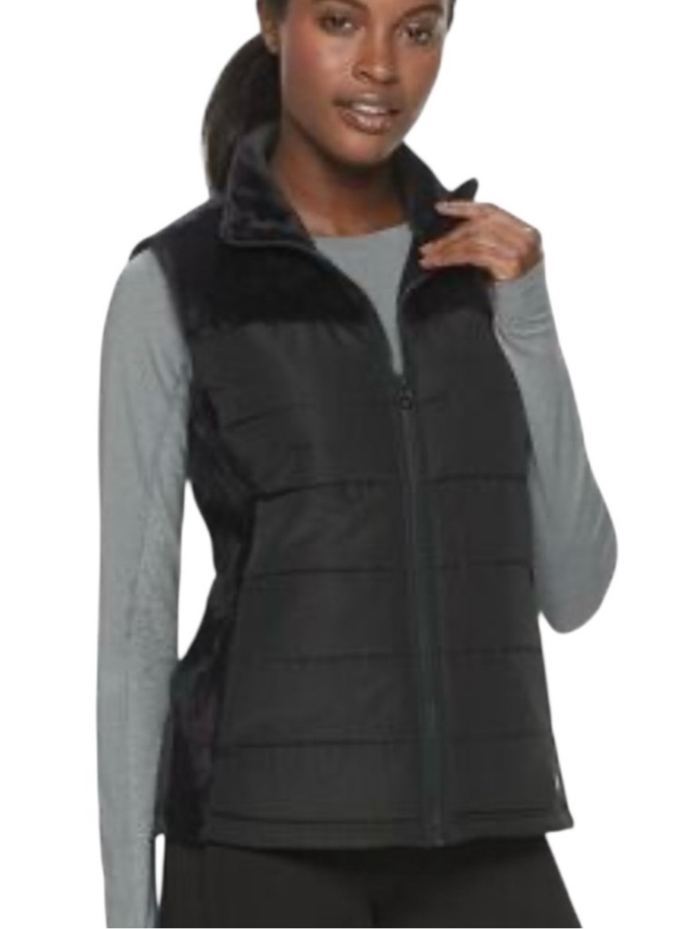 Fila Sport Black Full Zip Faux Fur Quilted Puffer Vest Size Medium